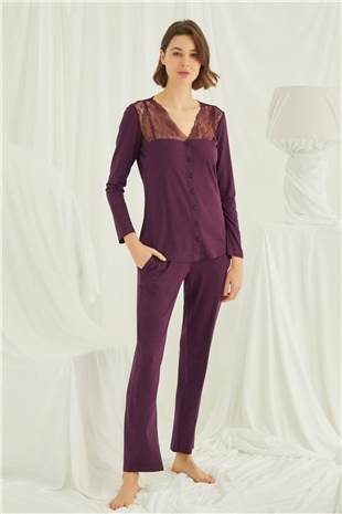 Monamise 19230 Kadın Bordo Uzun Kollu Pijama Takım