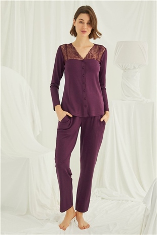 Monamise 19230 Kadın Bordo Uzun Kollu Pijama Takım