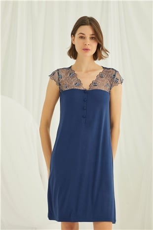 Monamise 19291 Kadın Parlement Mavisi Kısa Kollu Gecelik