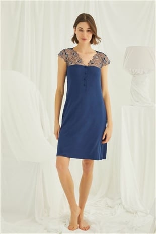 Monamise 19291 Kadın Parlement Mavisi Kısa Kollu Gecelik