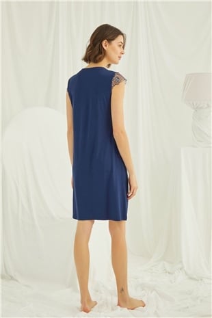 Monamise 19291 Kadın Parlement Mavisi Kısa Kollu Gecelik
