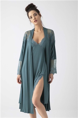 Monamise 19299 Kadın Yeşil Gecelik Sabahlık Takım