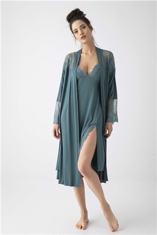 Monamise 19299 Kadın Yeşil Gecelik Sabahlık Takım