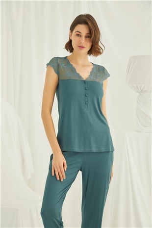 Monamise 19303 Kadın Yeşil Kısa Kollu Pijama Takım