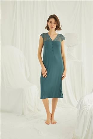 Monamise 19304 Kadın Yeşil Yakası Dğğmeli Dantelli Kısa Kol Gecelik