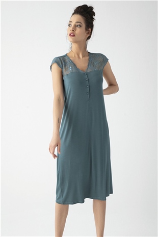 Monamise 19304 Kadın Yeşil Yakası Dğğmeli Dantelli Kısa Kol Gecelik