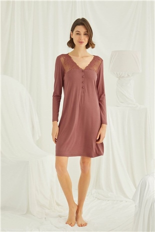 Monamise 19315 Kadın Kahve Yakası Düğmeli Dantelli Uzun Kol Gecelik