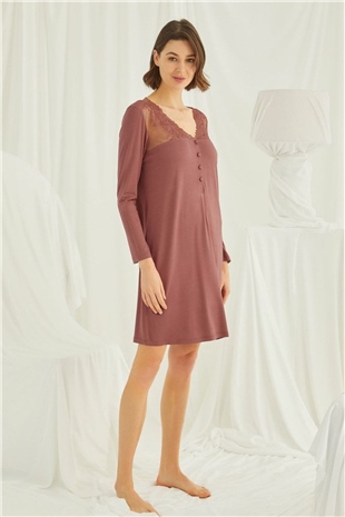 Monamise 19315 Kadın Kahve Yakası Düğmeli Dantelli Uzun Kol Gecelik