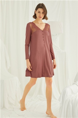 Monamise 19315 Kadın Kahve Yakası Düğmeli Dantelli Uzun Kol Gecelik