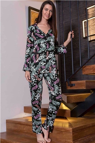 Monamise 20043 Kadın Siyah Desenli Uzun Kol Pijama Takım