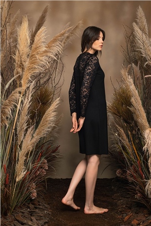 Monamise 20120 Kadın Siyah Uzun Kollu Gecelik