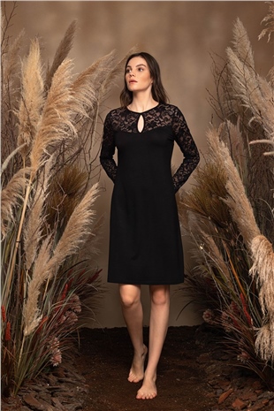 Monamise 20120 Kadın Siyah Uzun Kollu Gecelik