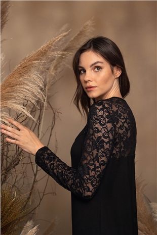 Monamise 20120 Kadın Siyah Uzun Kollu Gecelik