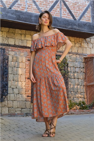 Monamise 22045 Kadın Çiçek Desenli Sırt Dekolteli Dokuma Elbise