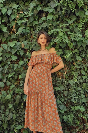 Monamise 22045 Kadın Çiçek Desenli Sırt Dekolteli Dokuma Elbise