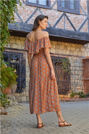 Monamise 22045 Kadın Çiçek Desenli Sırt Dekolteli Dokuma Elbise