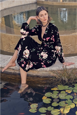 Monamise 22049 Kadın Siyah Çiçek Desenli Uzun Kollu Dokuma Elbise