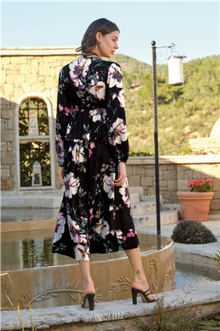 Monamise 22049 Kadın Siyah Çiçek Desenli Uzun Kollu Dokuma Elbise