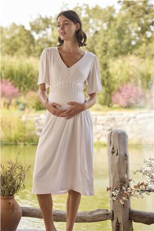 Monamise 24078 Kadın Pembe Hamile Lohusa Emzirme Özellikli V Yaka Yarım Kollu Gecelik