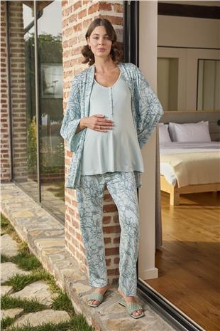 Monamise 24093 Kadın Su Yeşili Kalın Askılı Yuvarlak Yaka Emzirme Özellikli Dantelli Hamile Lohusa Sabahlıklı Pijama Takımı