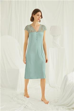 Monamise Kadın Açık Yeşil Dantelli Yakası Düğmeli Gecelik 18463