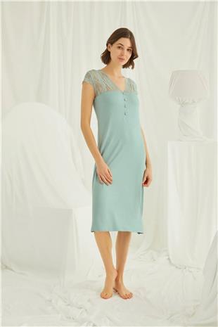 Monamise Kadın Açık Yeşil Dantelli Yakası Düğmeli Gecelik 18463