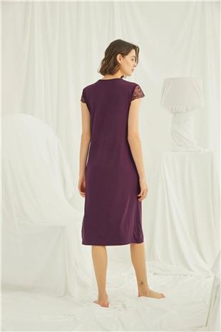 Monamise Kadın Bordo Dantelli Yakası Düğmeli Gecelik 18403