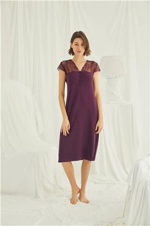 Monamise Kadın Bordo Dantelli Yakası Düğmeli Gecelik 18403