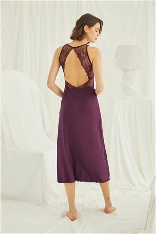 Monamise Kadın Bordo Göğüs ve Sırt Dekoteli Brode Dantelli Yırtmaçlı Gecelik 19226