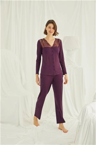 Monamise Kadın Bordo Omzu Dantelli Önü Boydan Düğmeli Pijama Takımı 19230