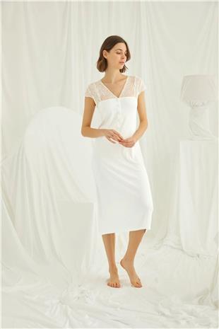 Monamise Kadın Ekru Dantelli Yakası Düğmeli Gecelik 18407