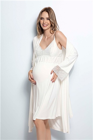 Monamise Kadın Ekru Hamile Lohusa Sabahlıklı Gecelik Takım 18429