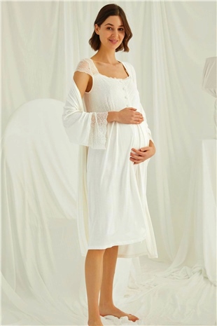 Monamise Kadın Ekru Hamile Lohusa Sabahlıklı Gecelik Takım 18202