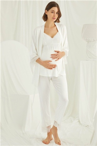 Monamise Kadın Ekru Hamile Lohusa Sabahlıklı Pijama Takım 18433