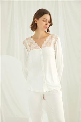 Monamise Kadın Ekru Omzu Dantelli Önü Boydan Düğmeli Pijama Takımı 18201