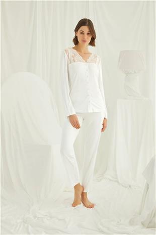 Monamise Kadın Ekru Omzu Dantelli Önü Boydan Düğmeli Pijama Takımı 18201