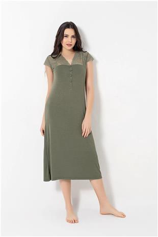 Monamise Kadın Haki Dantelli Yakası Düğmeli Gecelik 18487