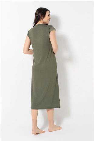 Monamise Kadın Haki Dantelli Yakası Düğmeli Gecelik 18487
