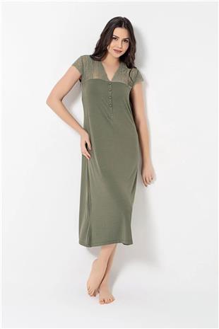 Monamise Kadın Haki Dantelli Yakası Düğmeli Gecelik 18487