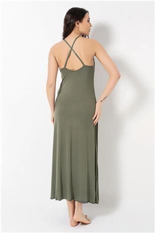 Monamise Kadın Haki Göğüs ve Sırt Dekolteli Dantelli Yırtmaçlı Gecelik 18493