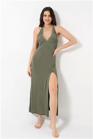 Monamise Kadın Haki Göğüs ve Sırt Dekolteli Dantelli Yırtmaçlı Gecelik 18493