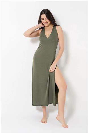 Monamise Kadın Haki Göğüs ve Sırt Dekoteli Brode Dantelli Yırtmaçlı Gecelik 18485