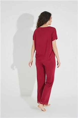 Monamise Kadın Kırmızı Dantelli V Yakalı Kısa Kol Pijama Takımı 18495