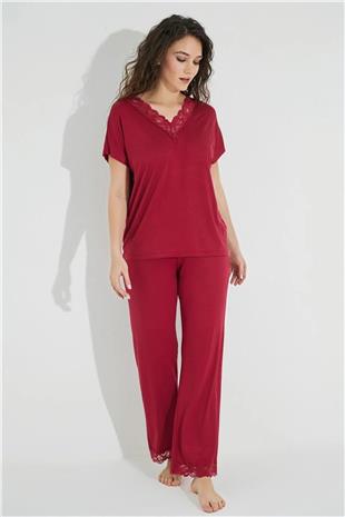 Monamise Kadın Kırmızı Dantelli V Yakalı Kısa Kol Pijama Takımı 18495