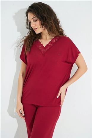 Monamise Kadın Kırmızı Dantelli V Yakalı Kısa Kol Pijama Takımı 18495