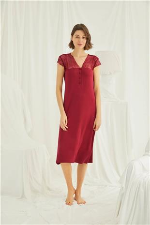 Monamise Kadın Kırmızı Dantelli Yakası Düğmeli Gecelik 18481