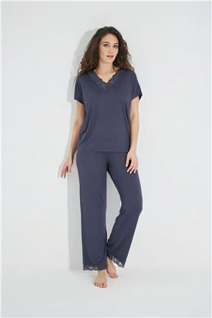 Monamise Kadın Lacivert Dantelli V Yakalı Kısa Kol Pijama Takımı 18484