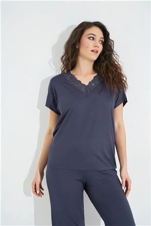 Monamise Kadın Lacivert Dantelli V Yakalı Kısa Kol Pijama Takımı 18484