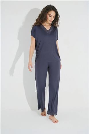 Monamise Kadın Lacivert Dantelli V Yakalı Kısa Kol Pijama Takımı 18484