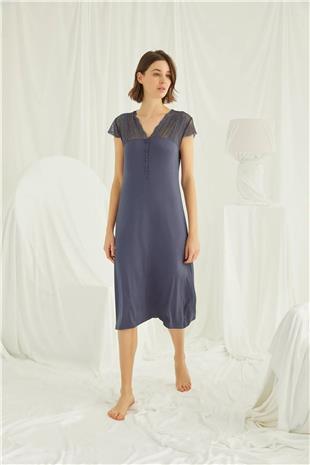 Monamise Kadın Lacivert Dantelli Yakası Düğmeli Gecelik 18404